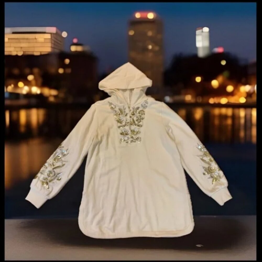 Soft Surroundings white knit hoodie pullover velvet sequined bodice/sleeves M